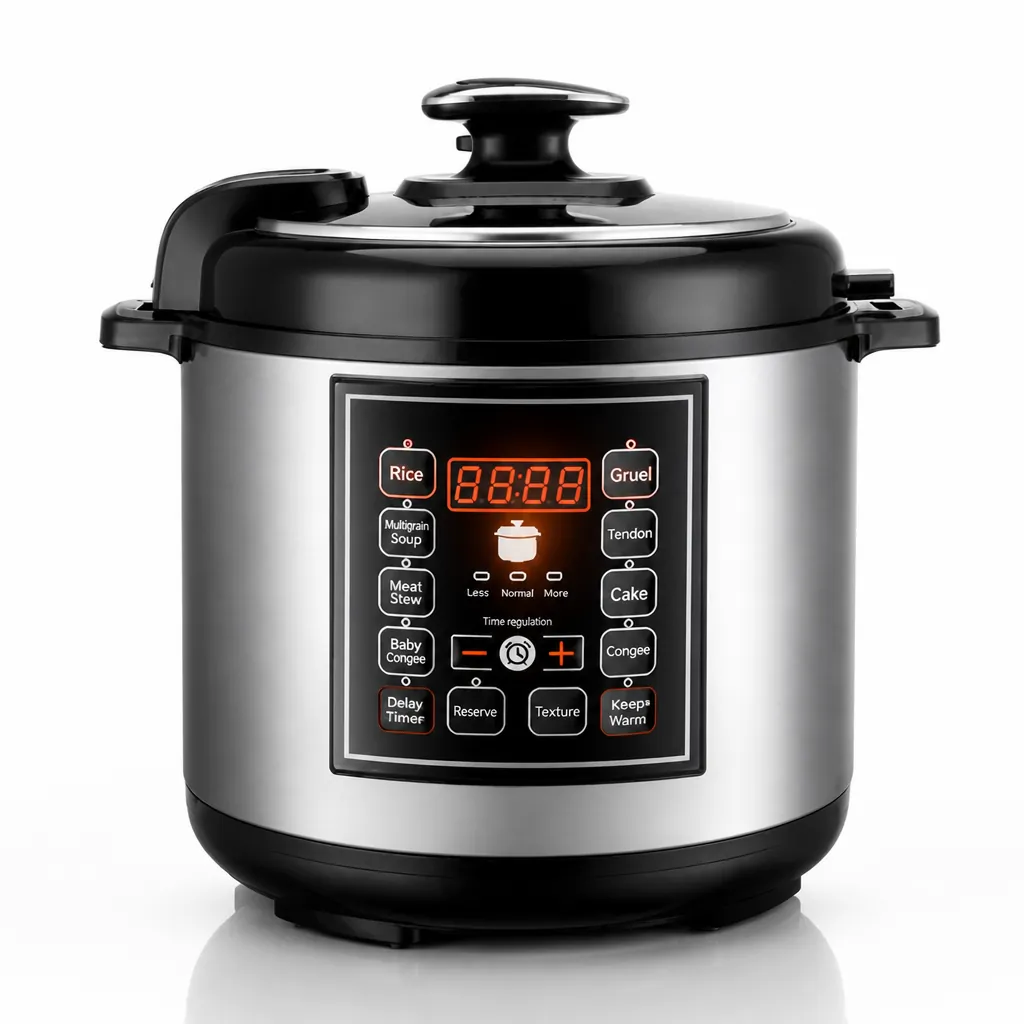 Clean white background product shot of the sleek 5L smart pressure cooker with modern LCD display showing warm orange glow and sleek aluminum alloy body
