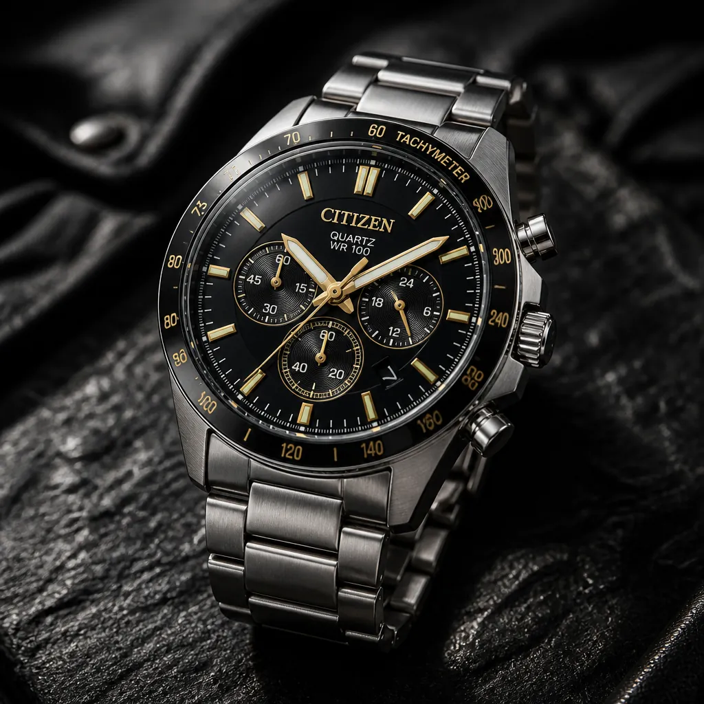 Citizen AN8230-59E Quartz Chronograph watch with bold black dial and gold accents, displayed on dark textured background with dramatic lighting