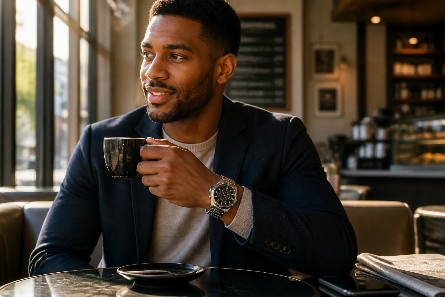 Lifestyle shot of man wearing Citizen chronograph watch while having coffee at upscale cafe, showcasing sophisticated everyday style