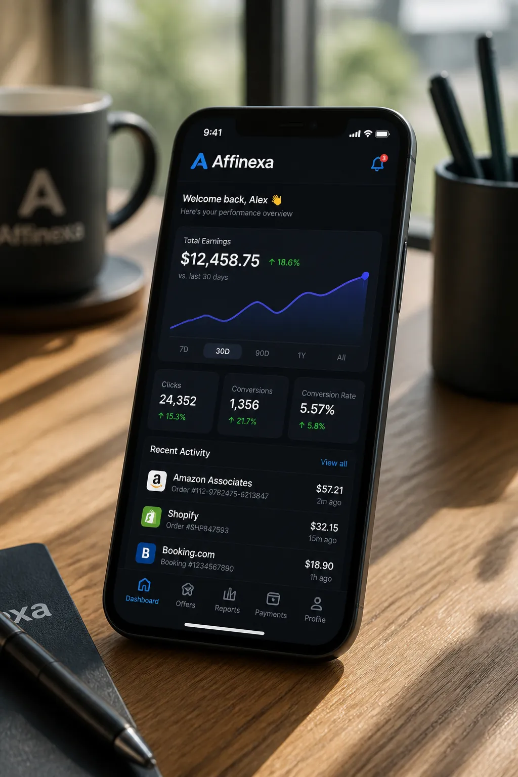 Affinexa mobile app dashboard showing real-time affiliate tracking and earnings dashboard with 65,420 paid out this month