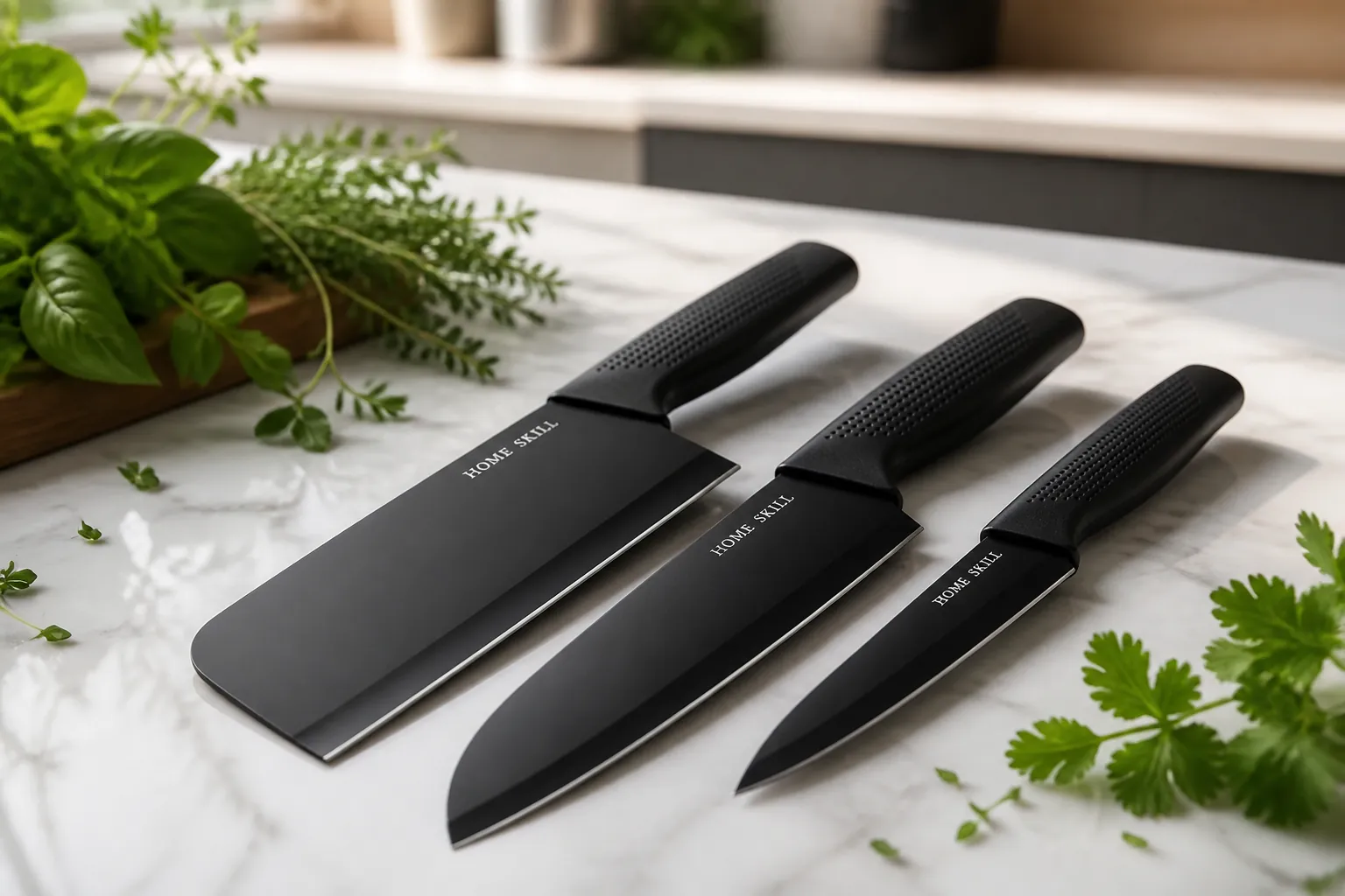 Modern minimalist kitchen with white marble countertops and the precision knife displayed elegantly on the counter beside fresh herbs
