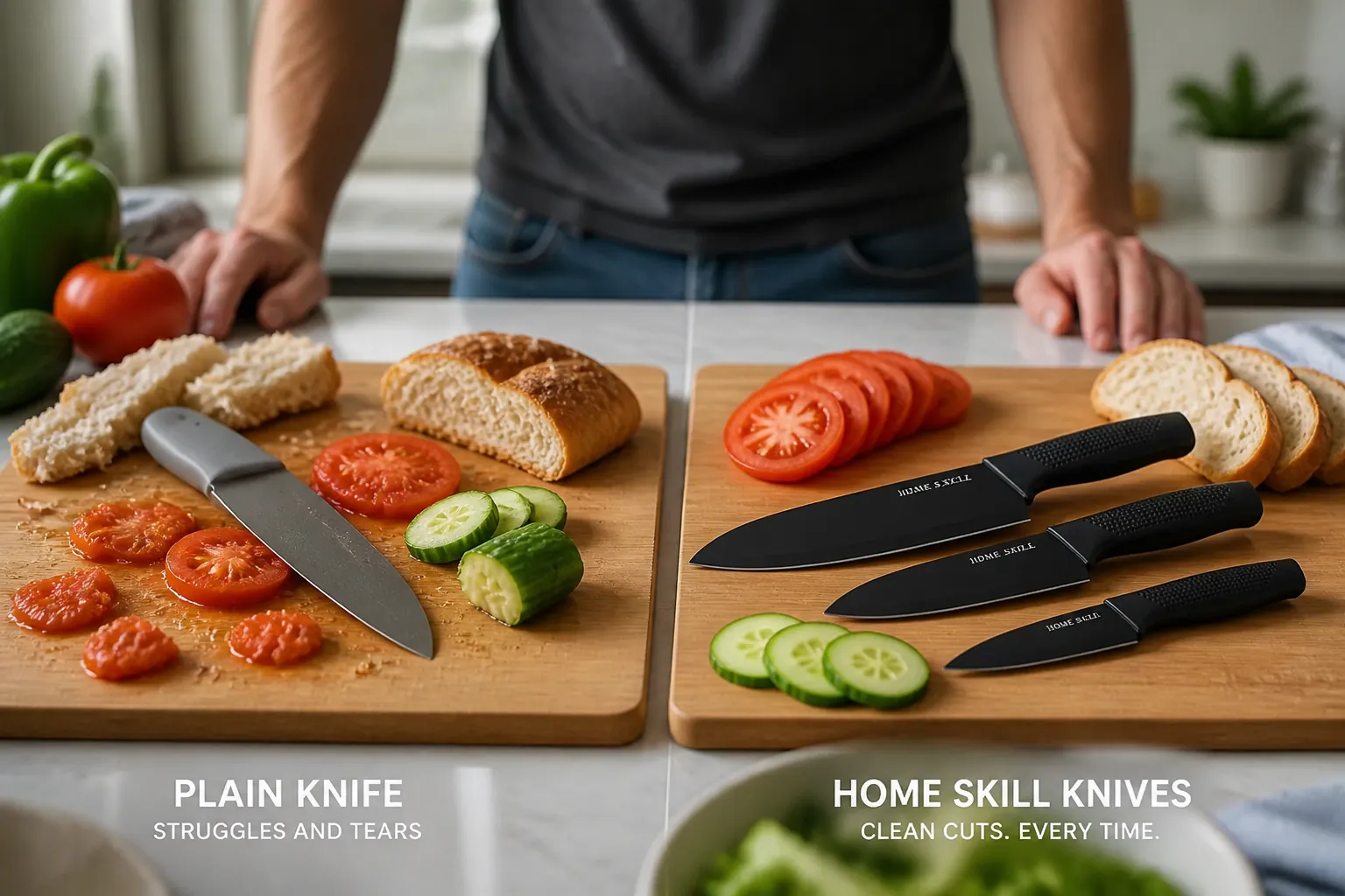 Side by side comparison showing our precision knife slicing cleanly through tomatoes, bread, and vegetables while inferior knives struggle and tear the food
