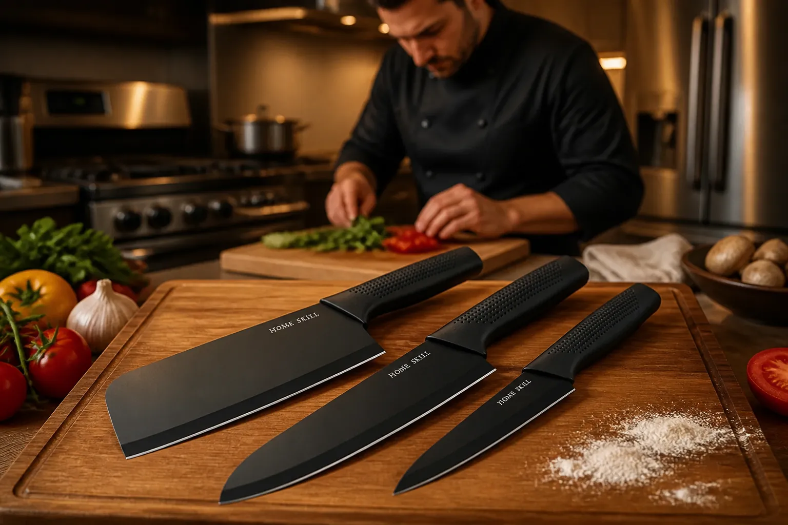 Professional chef's home kitchen with stainless steel appliances and the knife displayed prominently during food preparation