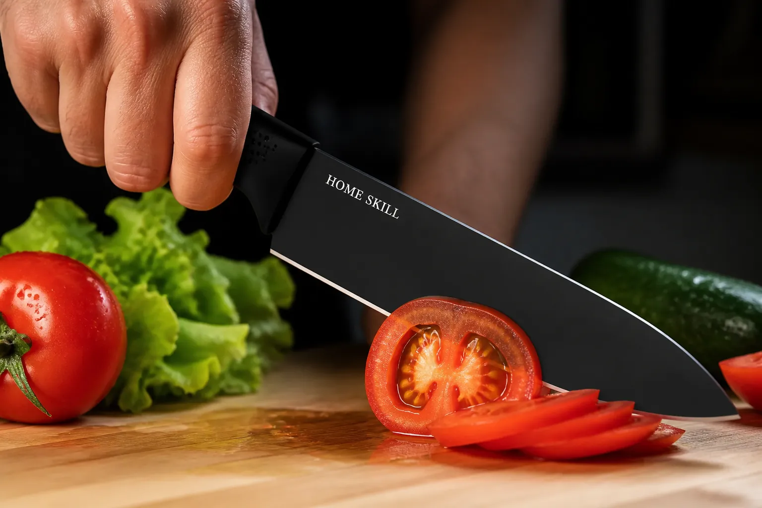 Premium kitchen knife slicing through fresh tomatoes and vegetables with clean precision cuts, dramatic studio lighting highlighting the sharpness of the blade