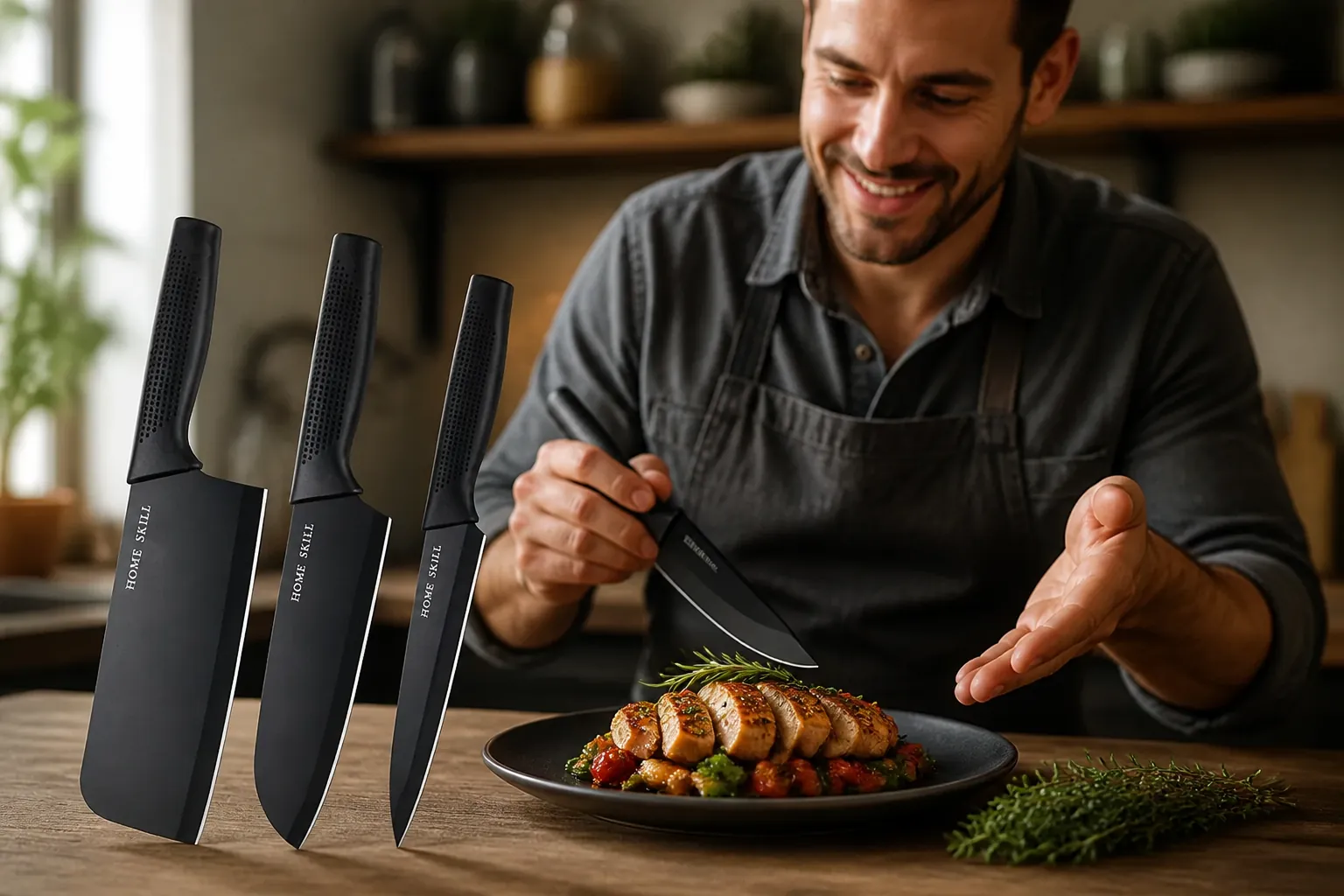 Beautifully plated gourmet dish with fresh herbs and vegetables, the precision knife displayed elegantly beside it, creating an aspirational culinary moment