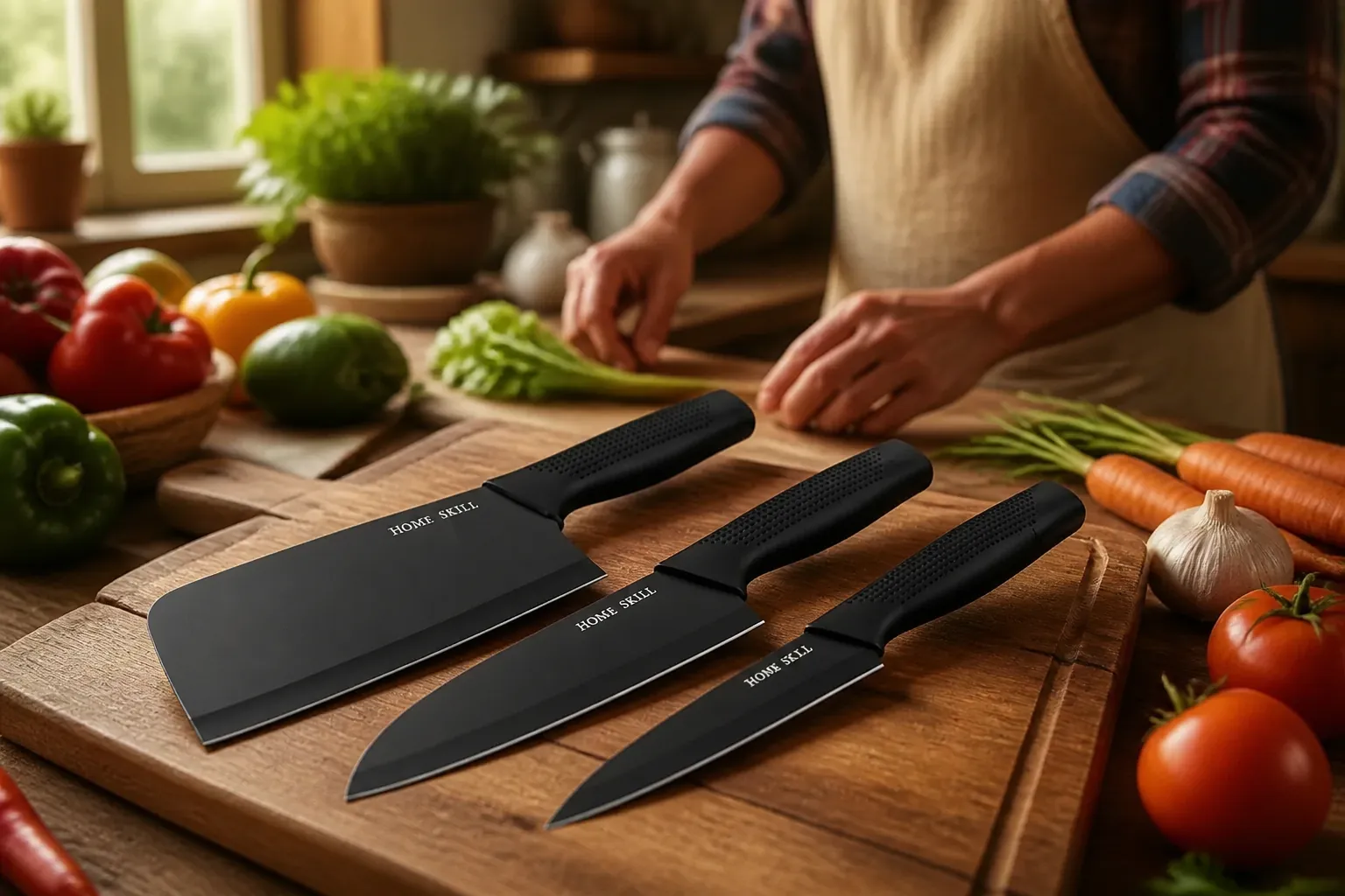 Traditional country-style kitchen with wooden countertops and the knife set displayed in a rustic setting with fresh farm produce