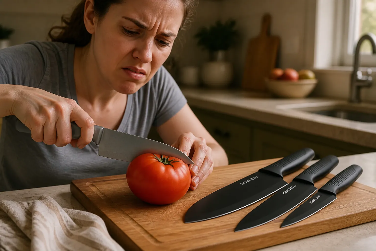 Frustrated home cook struggling to slice through a tomato with a dull kitchen knife, showing the common kitchen problem of ineffective cutting tools