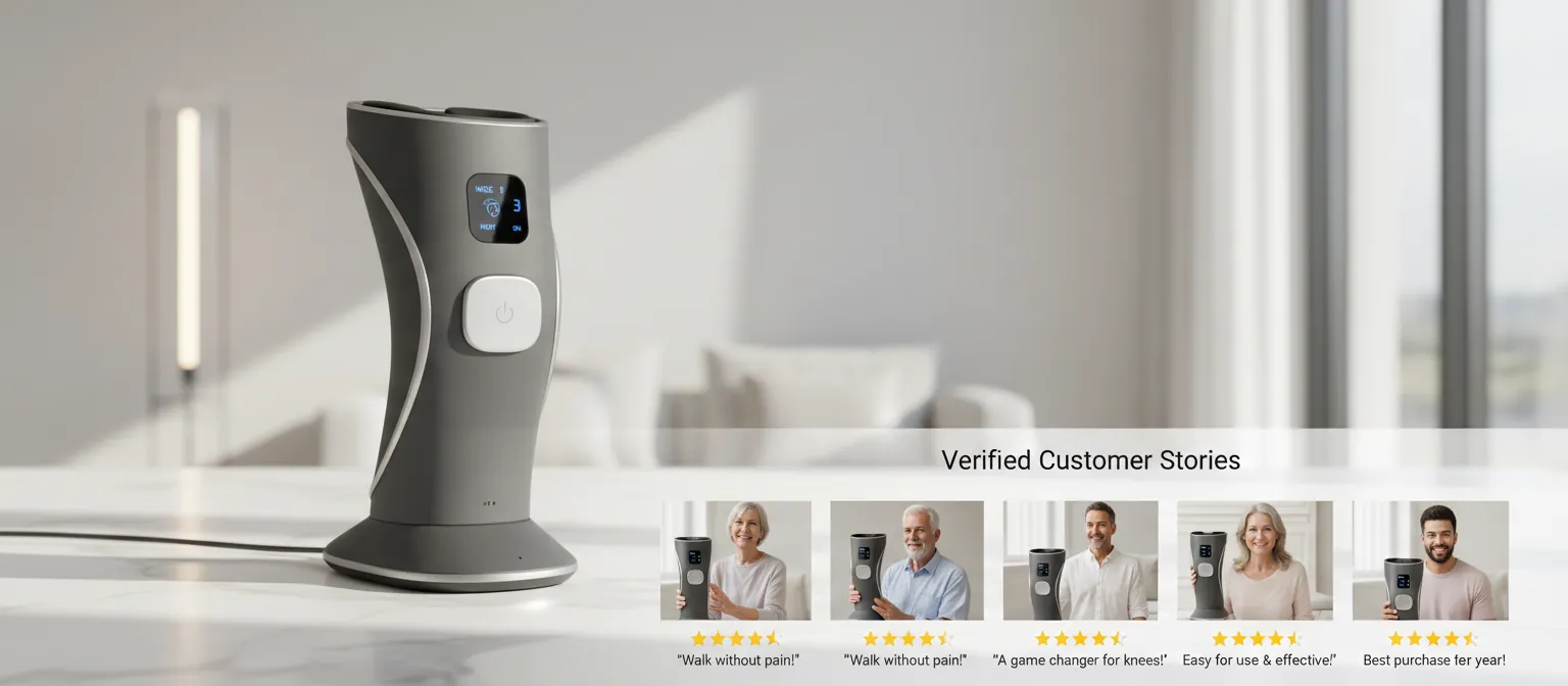 Grid of verified customer photos with their star ratings and positive testimonials about knee pain relief