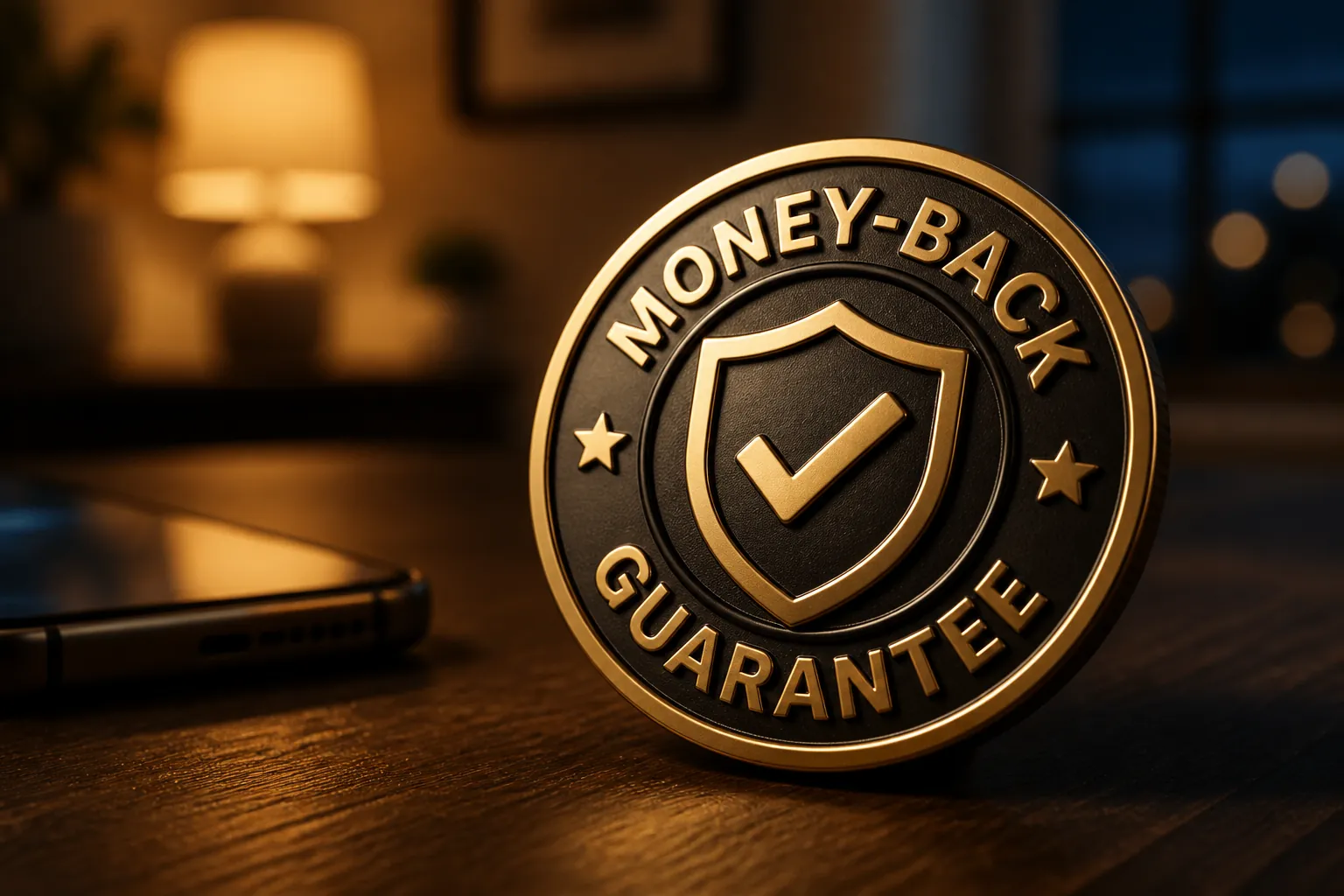 Money-back guarantee badge with shield icon and checkmark representing risk-free satisfaction promise