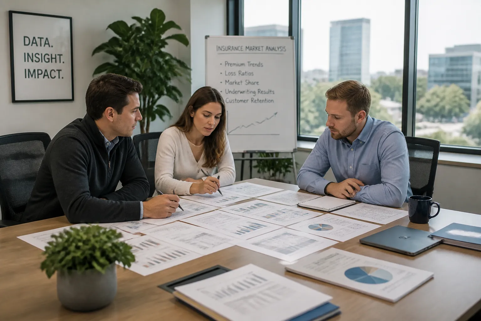 Professional research team reviewing insurance data with verification badges and charts showing thorough market analysis