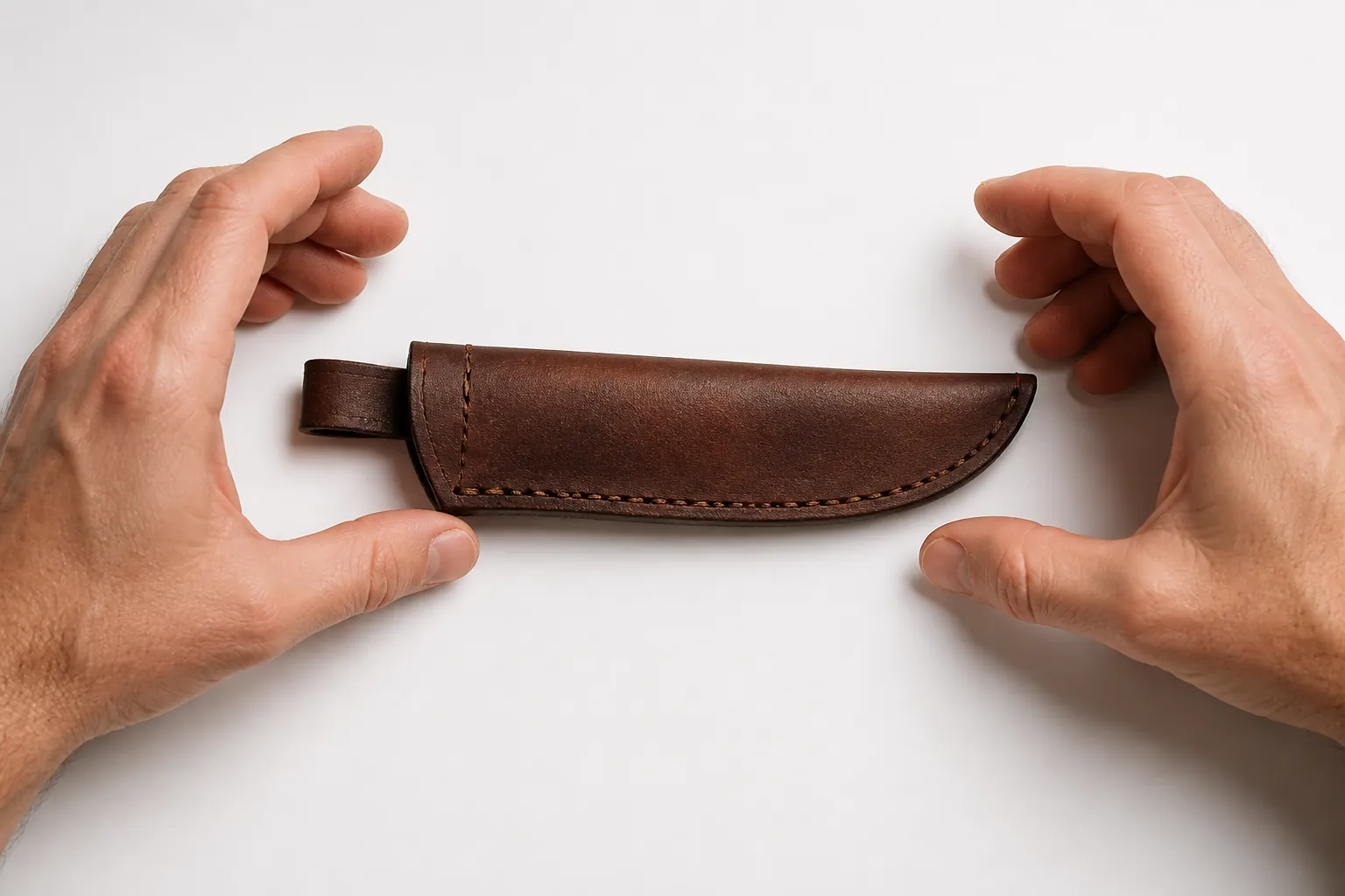 Professional knife sheath or blade guard in leather material displayed with soft shadow and clean white background