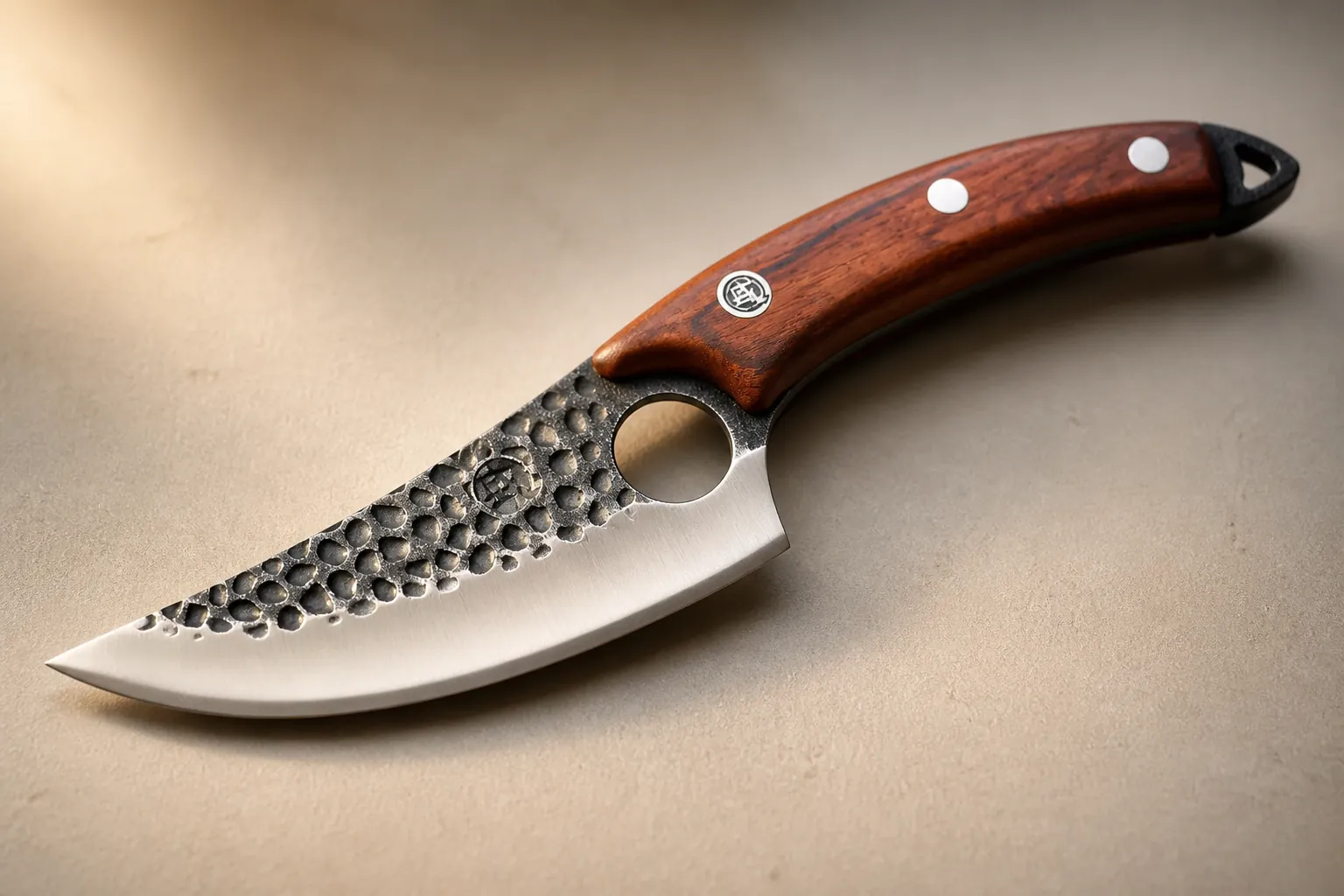 Rich textured wood knife handle showing natural grain patterns with warm studio lighting and selective focus on wood grain detail