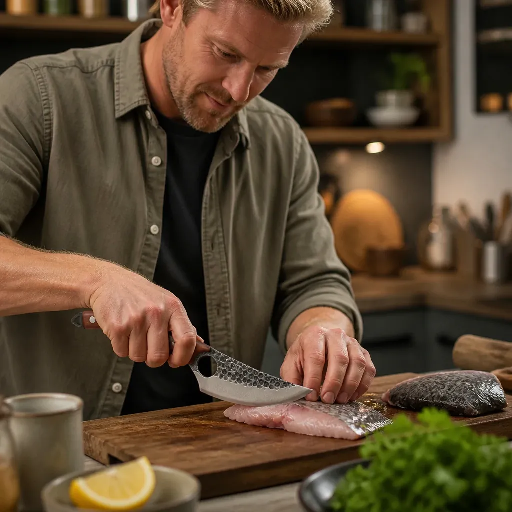 Split comparison showing frustrated home cook with regular knife versus confident cutting with professional bone knife in a modern kitchen setting with warm lighting