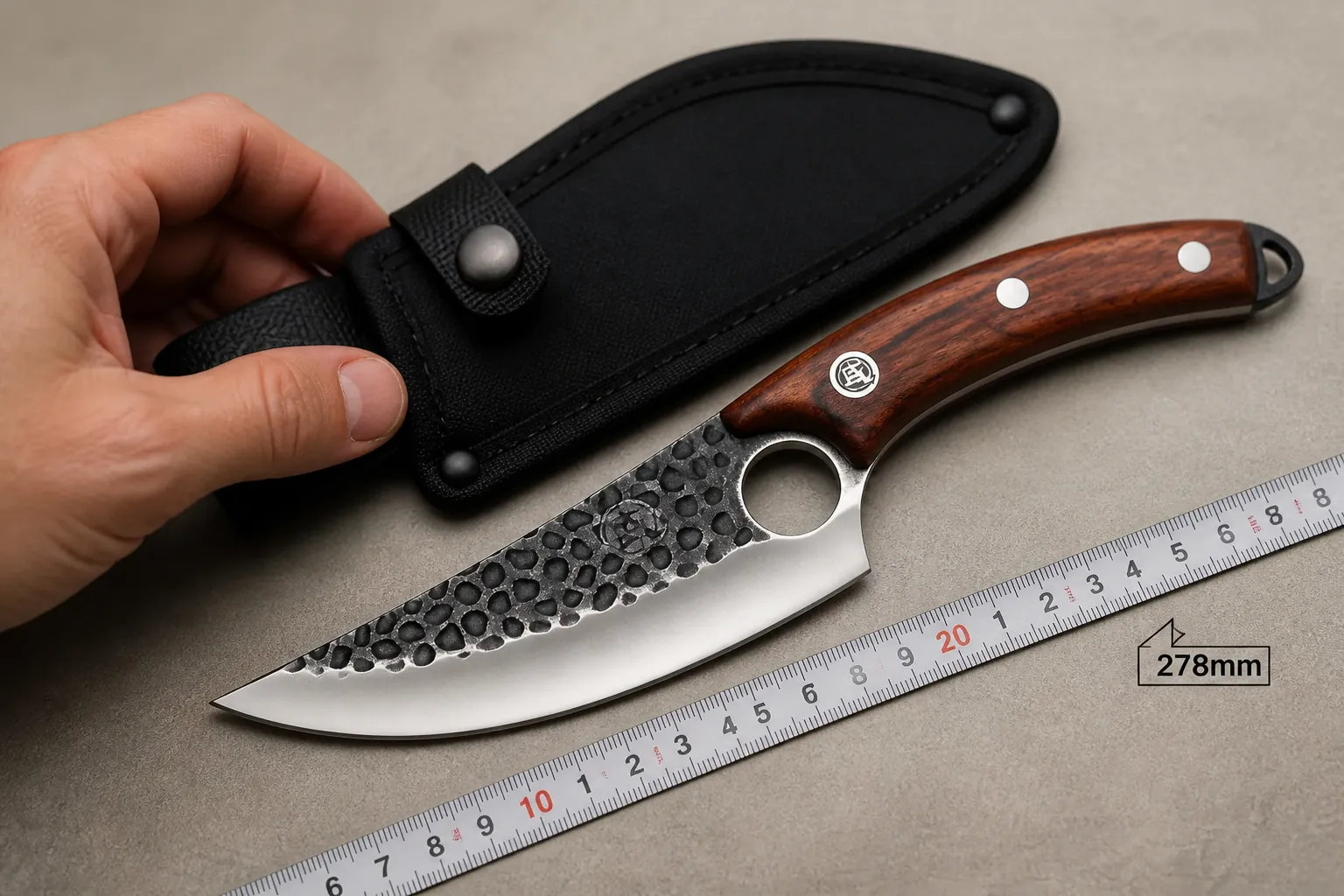 Large size professional bone-cutting knife with protective sheath displayed prominently with measurement scale showing 278mm length