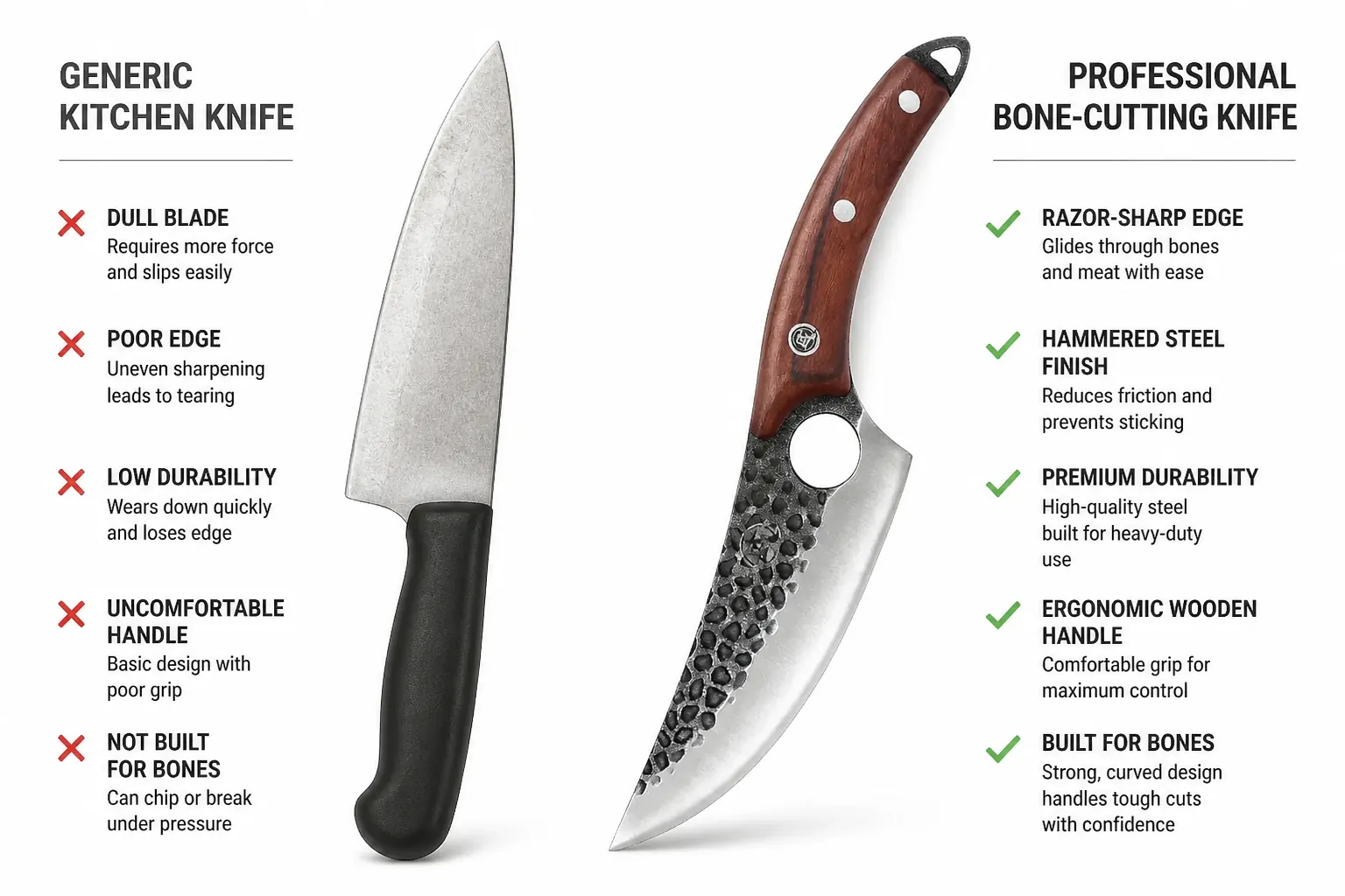 Side-by-side comparison infographic showing regular kitchen knife versus professional bone-cutting knife with checkmarks and X marks for features