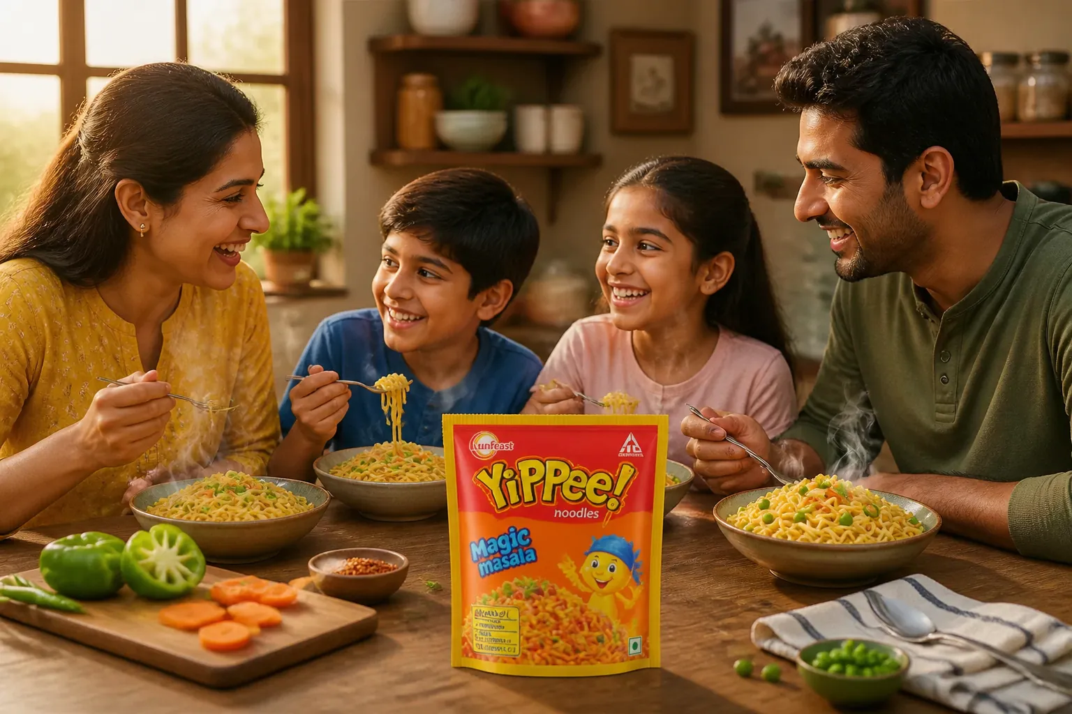 A happy Indian family of four gathered around a kitchen table enjoying steaming bowls of Yippee Magic Masala with big smiles