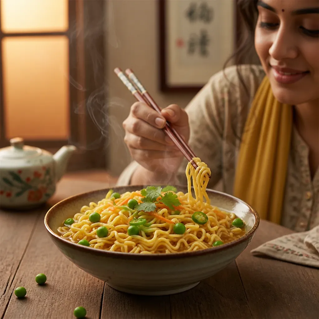 A vibrant steaming bowl of Yippee Magic Masala Noddles with visible vegetables and rich orange masala coating surrounded by Indian spice elements