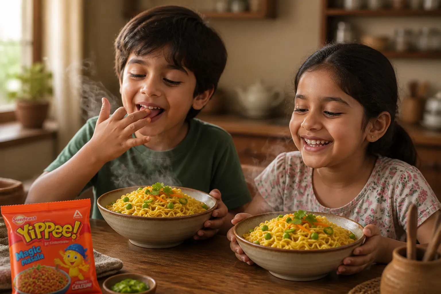 Two happy children with flushed cheeks and big smiles holding their bowls of Yippee noodles, one licking masala from their fingers