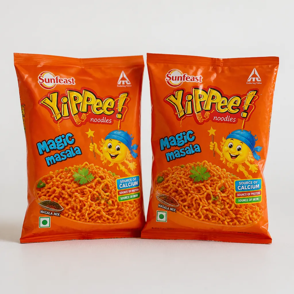 Yippee Magic Masala instant noodles pack of 2 with vibrant orange packaging showing the product prominently