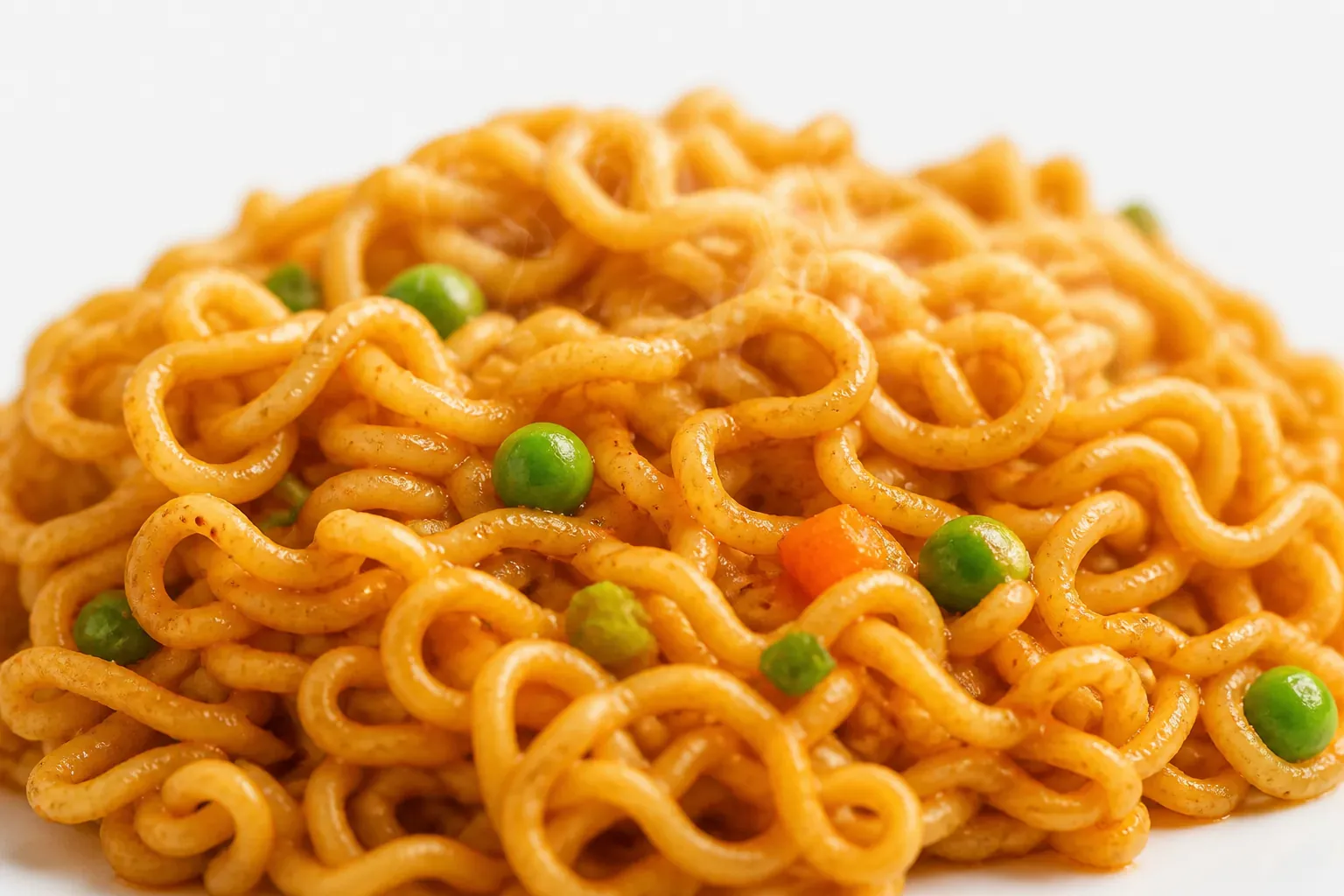 Extreme close-up macro shot of Yippee Magic Masala showing the unique round noodle shape with visible vegetable flecks and rich orange masala coating coating every strand