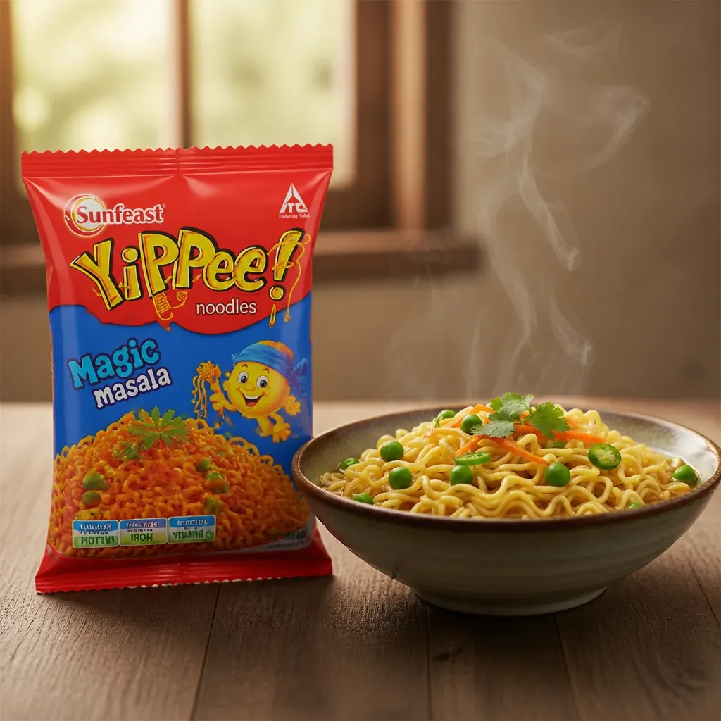 Yippee Magic Masala product pack shot showing the colorful packaging with ingredient highlights and nutritional information visible alongside a bowl of prepared noodles