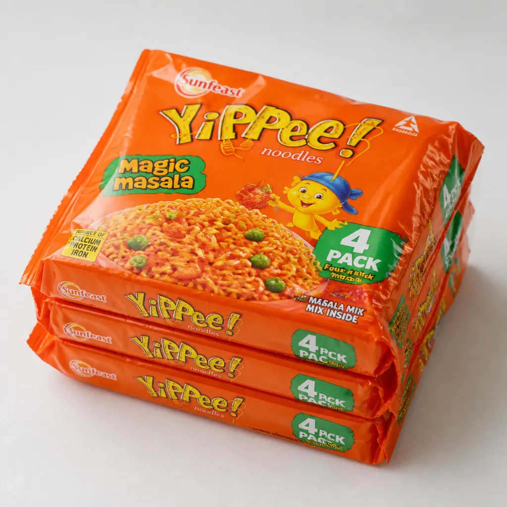 Yippee Magic Masala instant noodles pack of 4 bundle with vibrant orange packaging displayed prominently