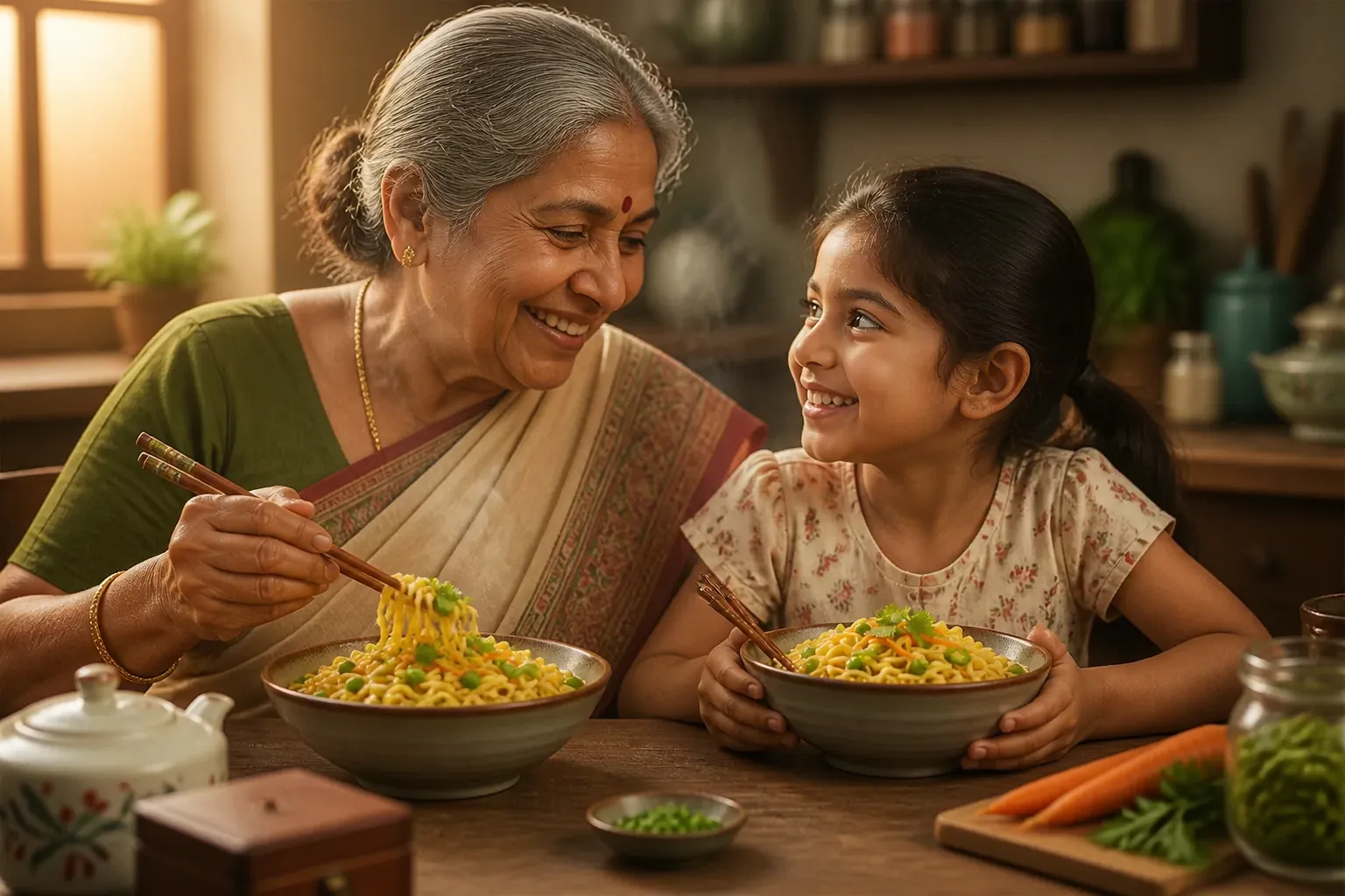 A smiling grandmother sharing a meal with her grandchild at a cozy kitchen counter, both looking content and happy with their Yippee bowls