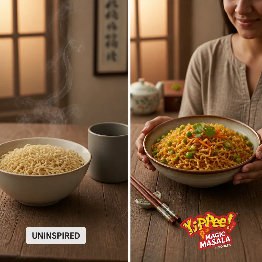 Transformation from boring bland noodles to delicious Yippee Magic Masala with visible vegetables and rich masala coating