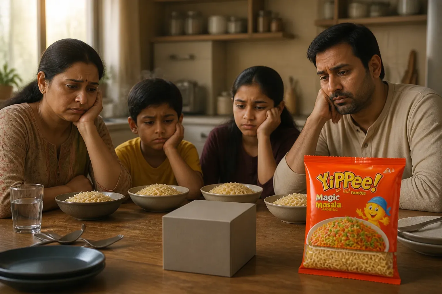 A disappointed family sitting around a kitchen table looking at bland unappetizing instant noodles with sad expressions