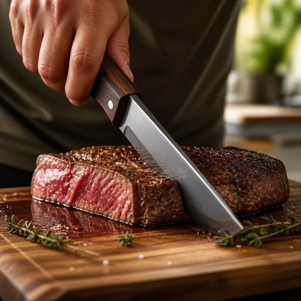 Thick beef steak being cut showing a juicy, perfectly cooked center with minimal resistance from the sharp blade