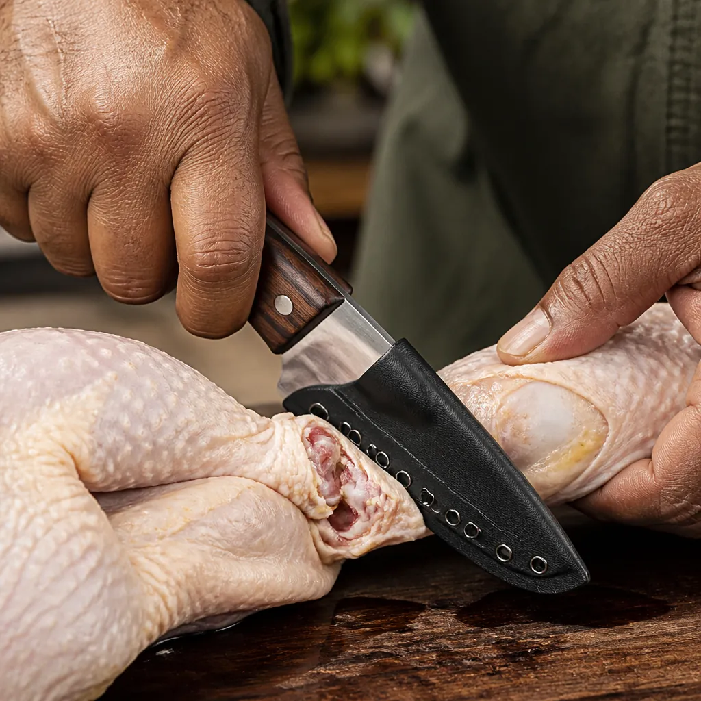Chef's hand effortlessly slicing through a whole raw chicken leg bone in one smooth motion, with clean cuts visible