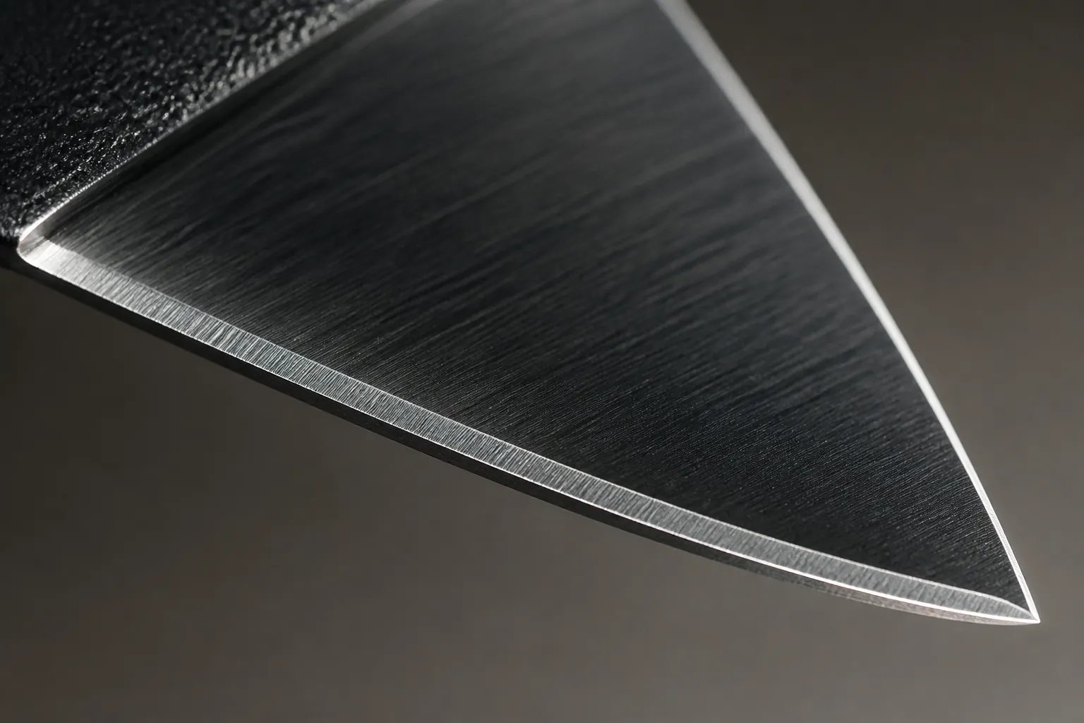 Extreme close-up microscopic view of the razor-sharp knife blade edge showing precision honing and mirror finish