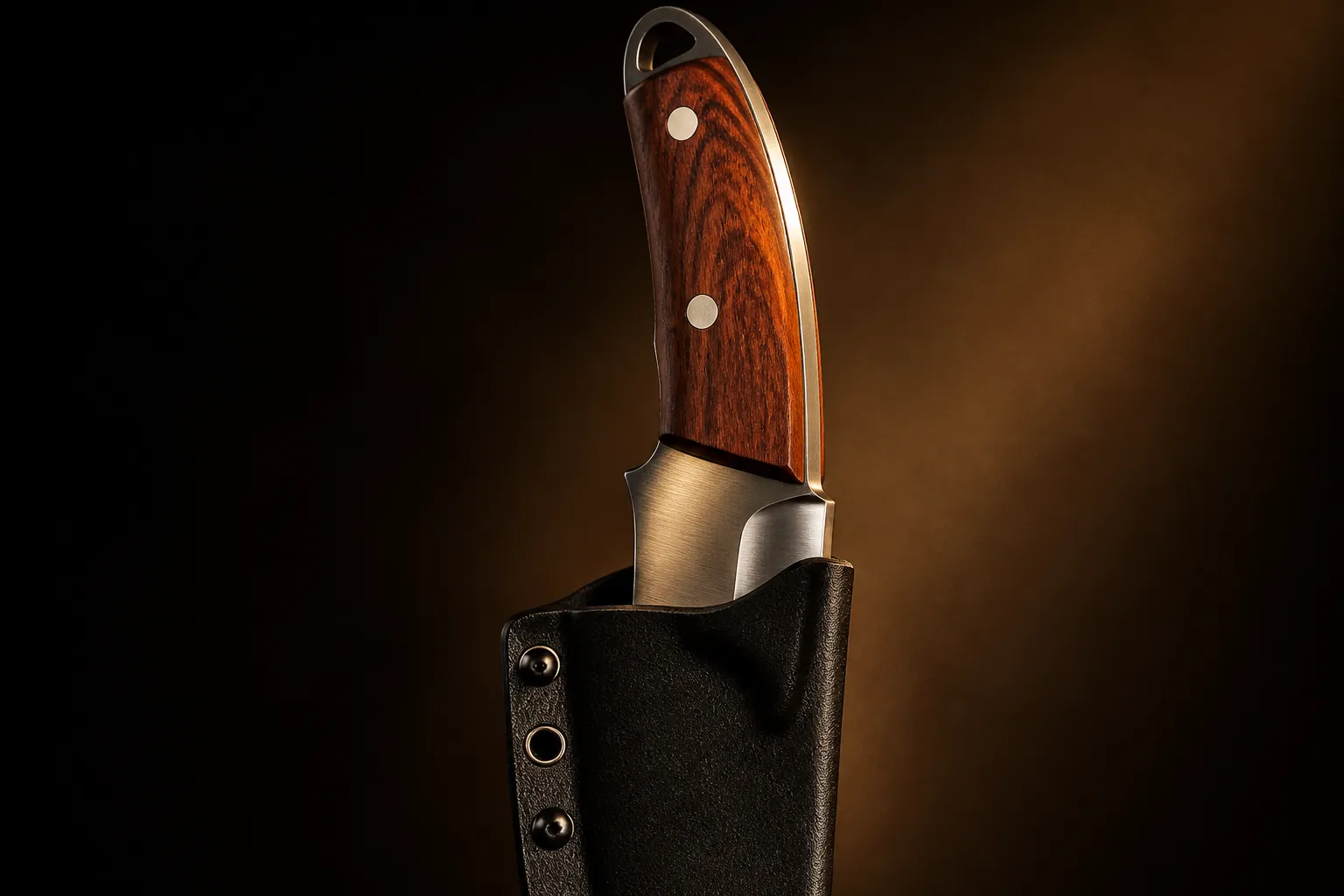 Premium bone-cutting knife emerging dramatically from shadow into golden light, showcasing the gleaming stainless steel blade and elegant wooden handle