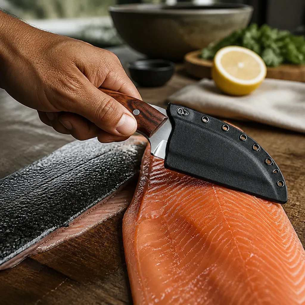 Perfectly filleted salmon with clean skin separation showing the knife's precision and sharpness