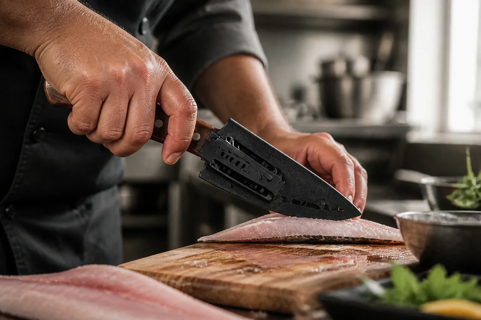 Professional kitchen environment with chef's hands working on premium ingredients, emphasizing the professional-grade quality of the knife