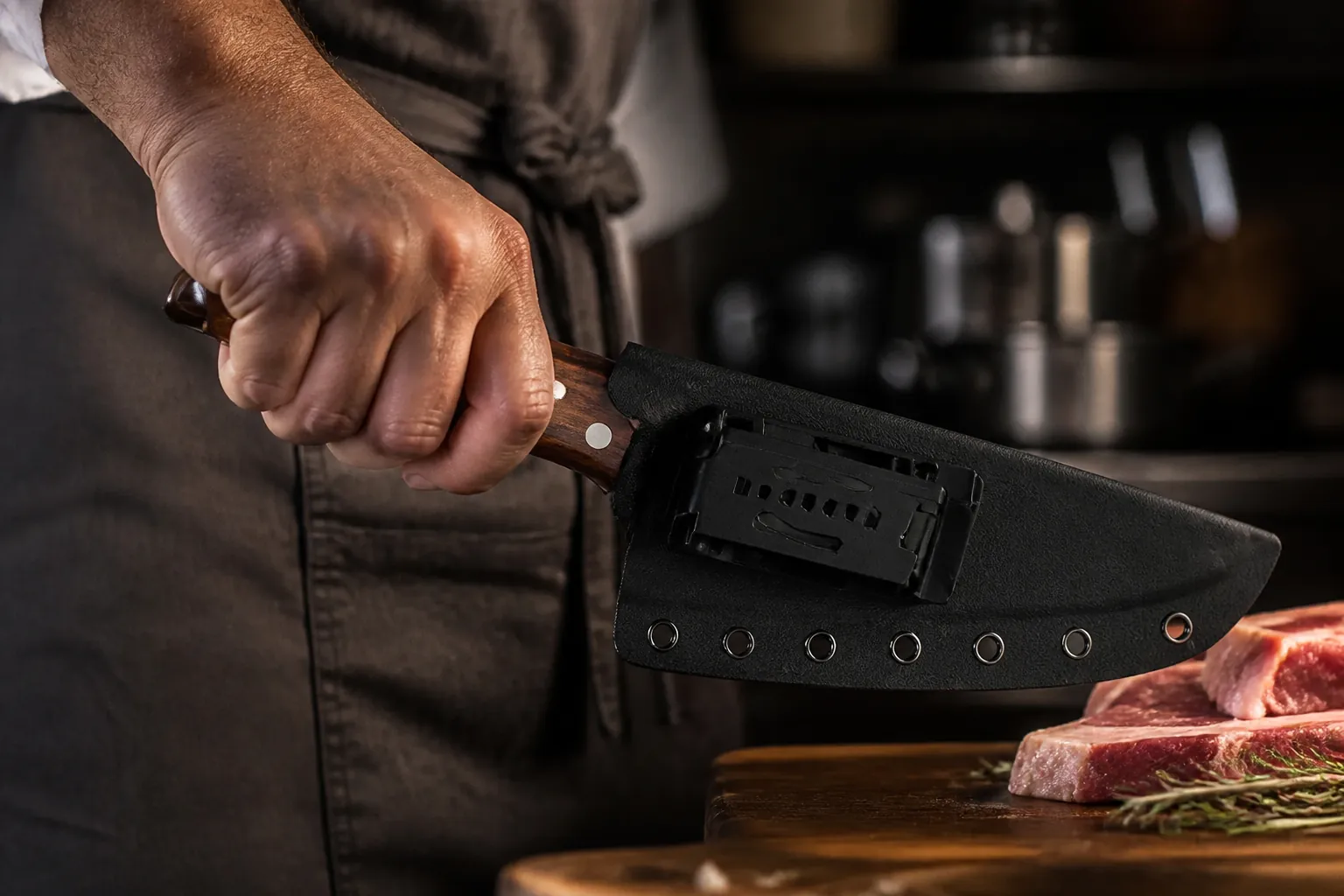 Professional chef's hand holding a gleaming bone-cutting knife in a dramatic kitchen setting with soft side lighting