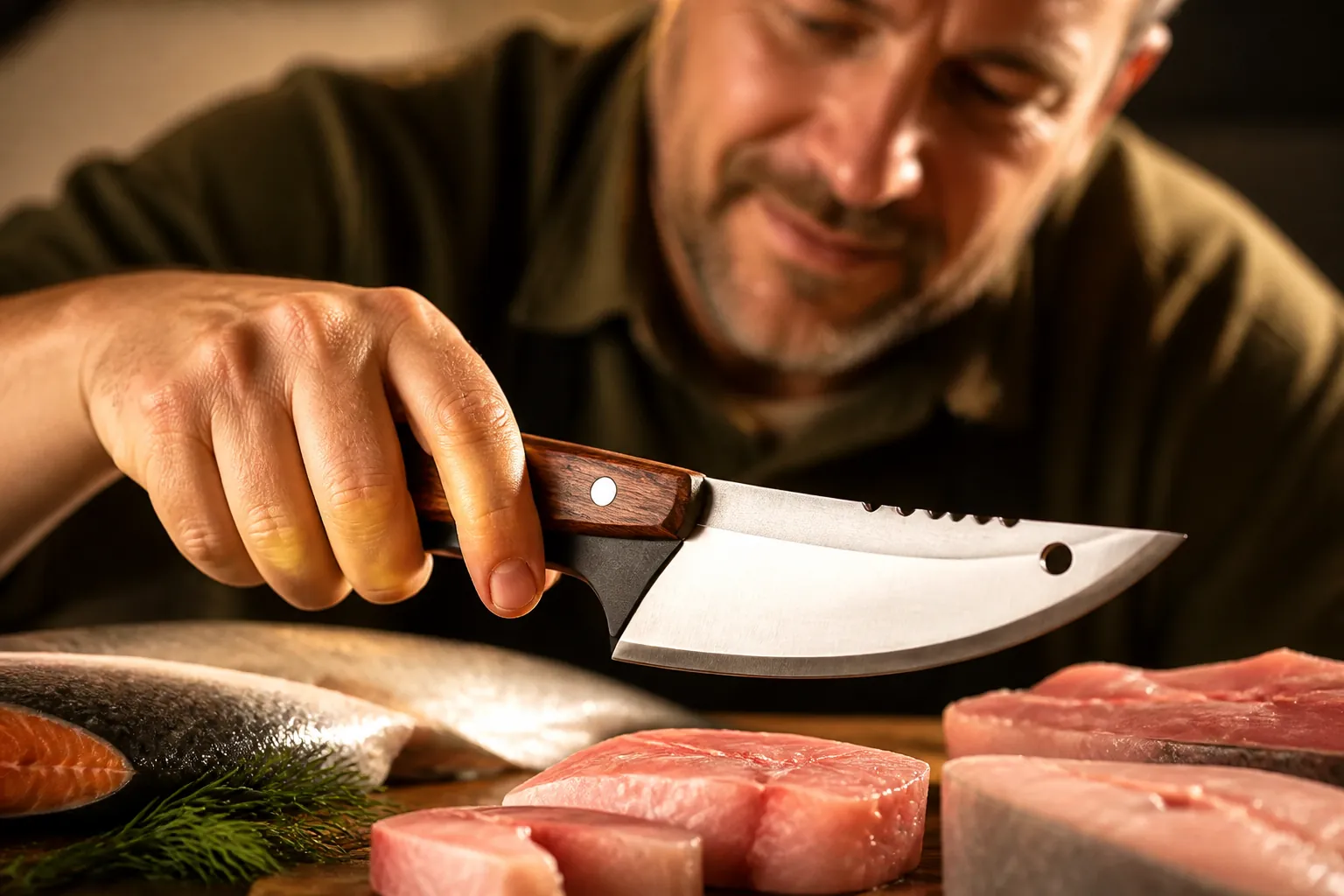Final dramatic showcase of the bone-cutting knife with blade catching golden light, surrounded by perfectly cut ingredients