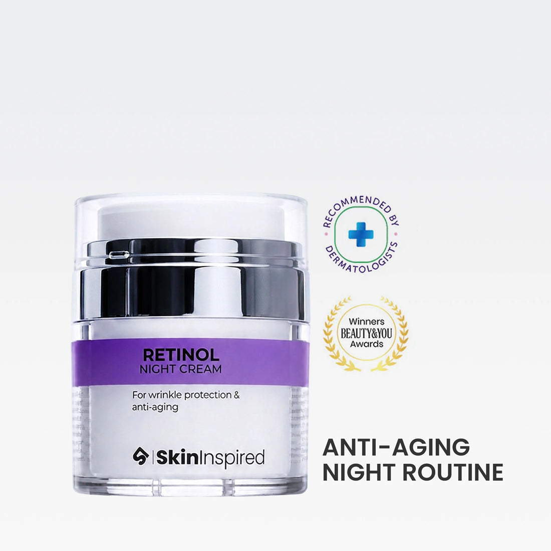 Premium white 50g jar of 0.1% retinol night cream on a soft blush marble background with rose gold accents