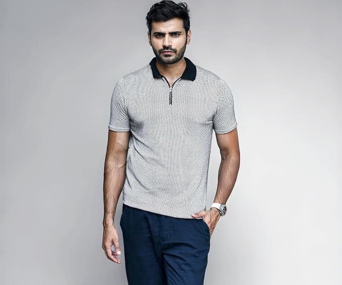 The Posh Monk Men's Flat-Knit Polo T-Shirt in geometric multicolour, displayed on a clean cream background