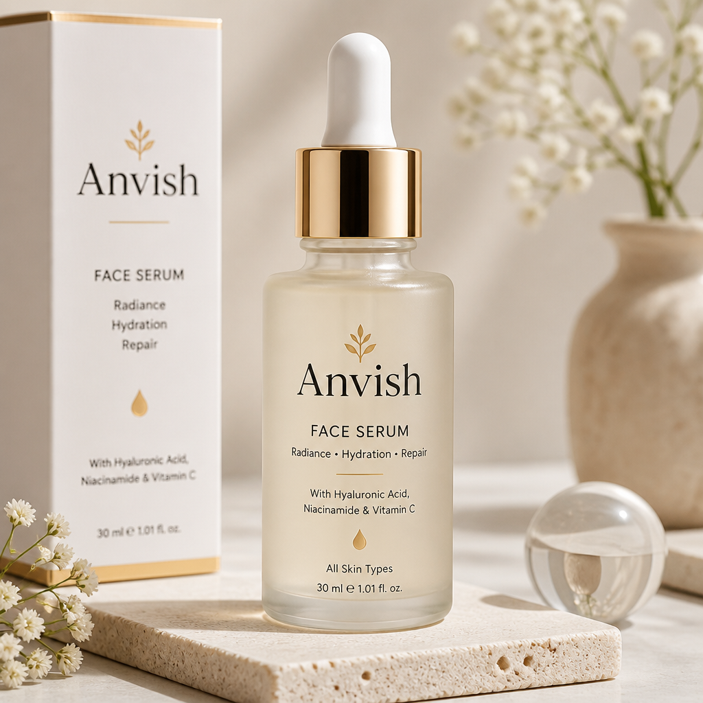 Studio product shot of a sleek 100ml amber Anvish Radiance Face Serum bottle on soft fabric with warm golden-hour lighting and visible droplet of serum on the side