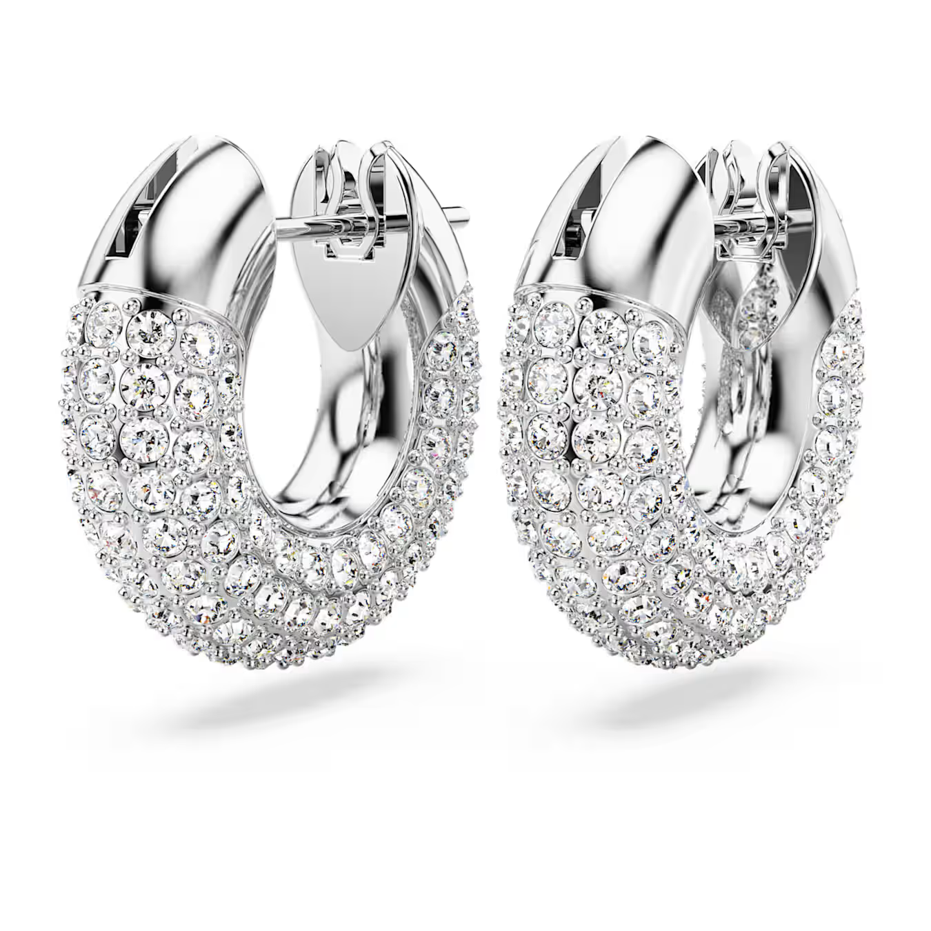 Dextera hoop earrings in cool silver rhodium-plated finish with sparkling white pav&eacute; crystals photographed on a clean white background