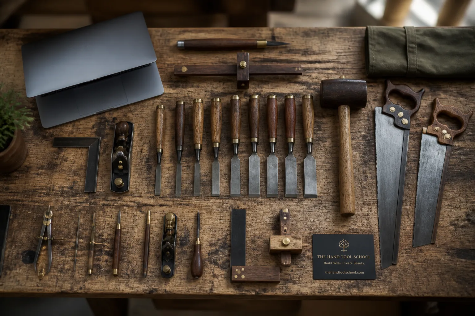 Organized layout of quality woodworking hand tools including chisels, hand saws, marking gauges, and mallets arranged on a workbench
