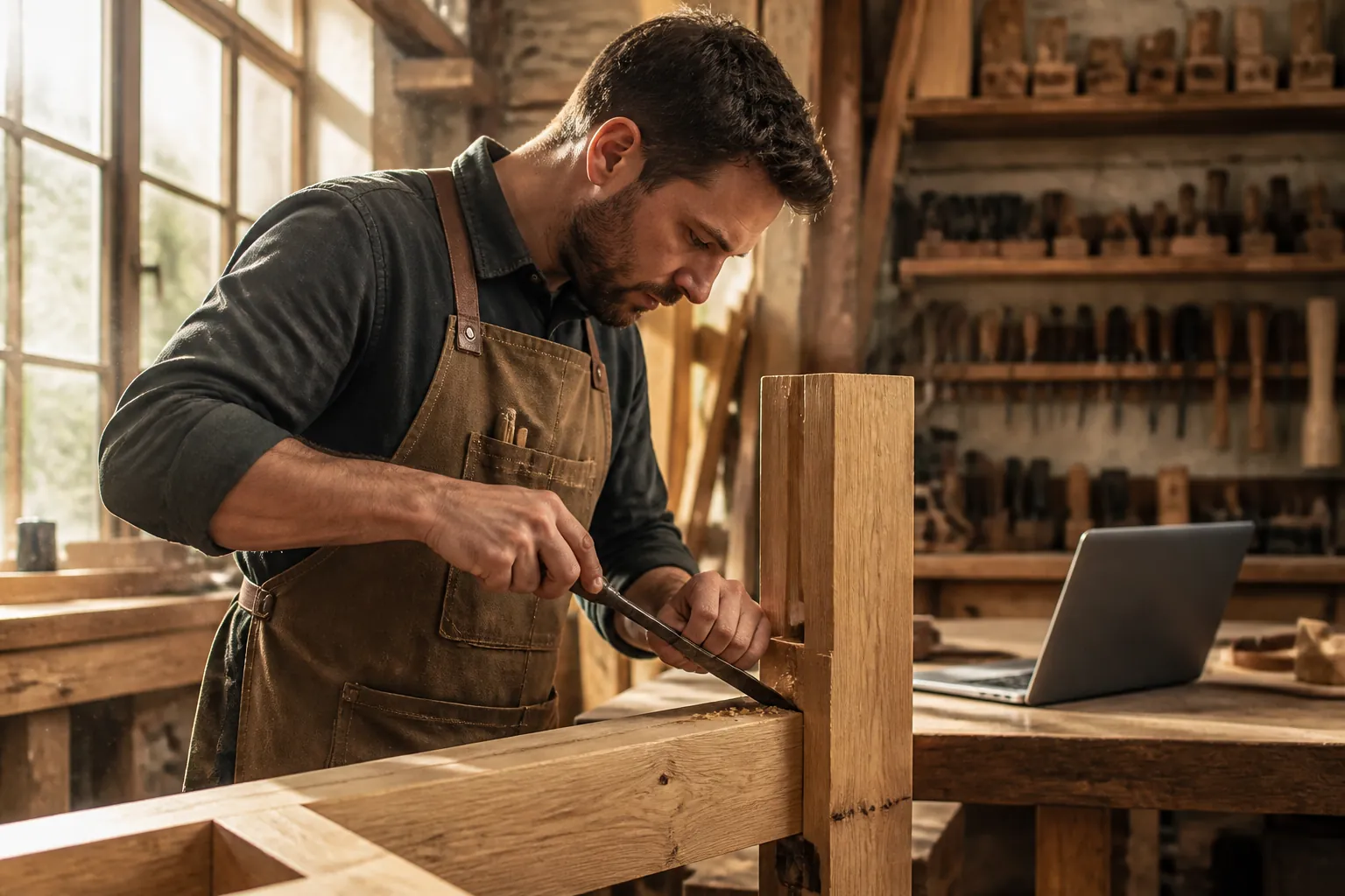 A craftsman working on a woodworking project in a well-organized workshop with natural light streaming through windows