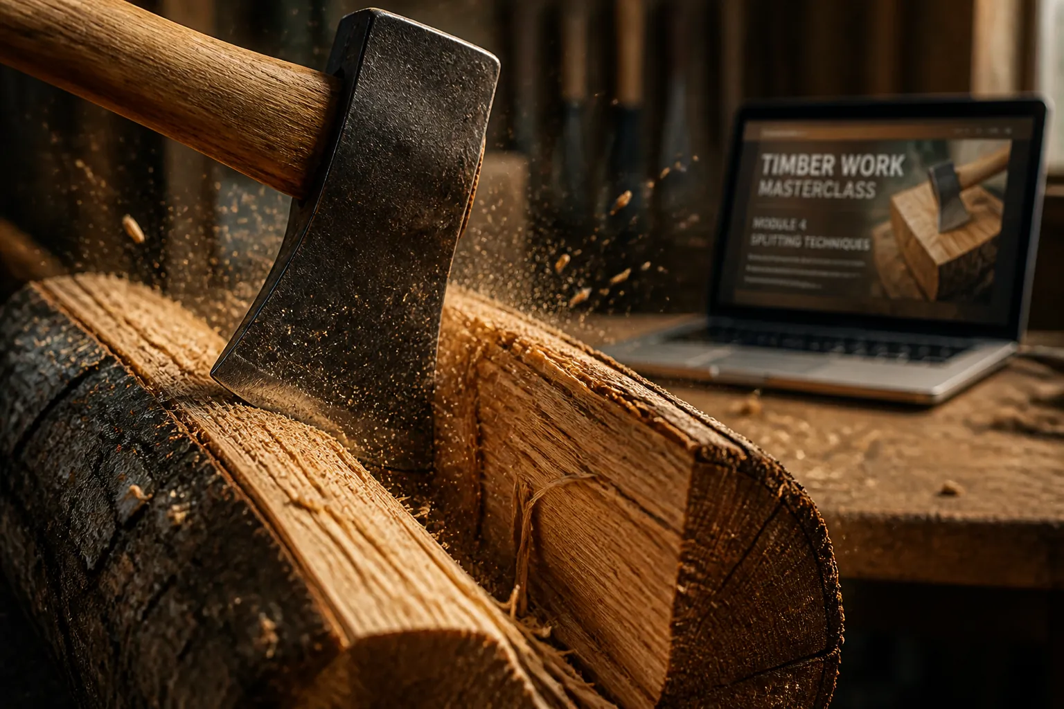 Close-up photo of wood being split with an axe showing the grain and texture of timber being worked in a workshop setting