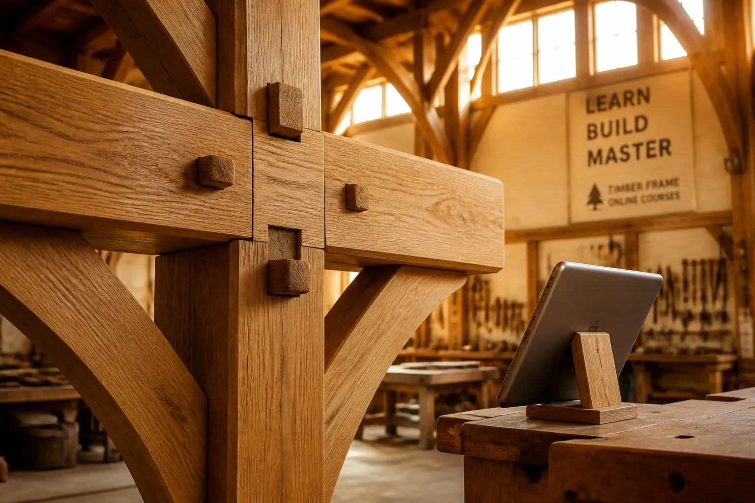A beautiful timber frame project showing intricate joinery work with exposed mortise and tenon joints in warm natural wood tones