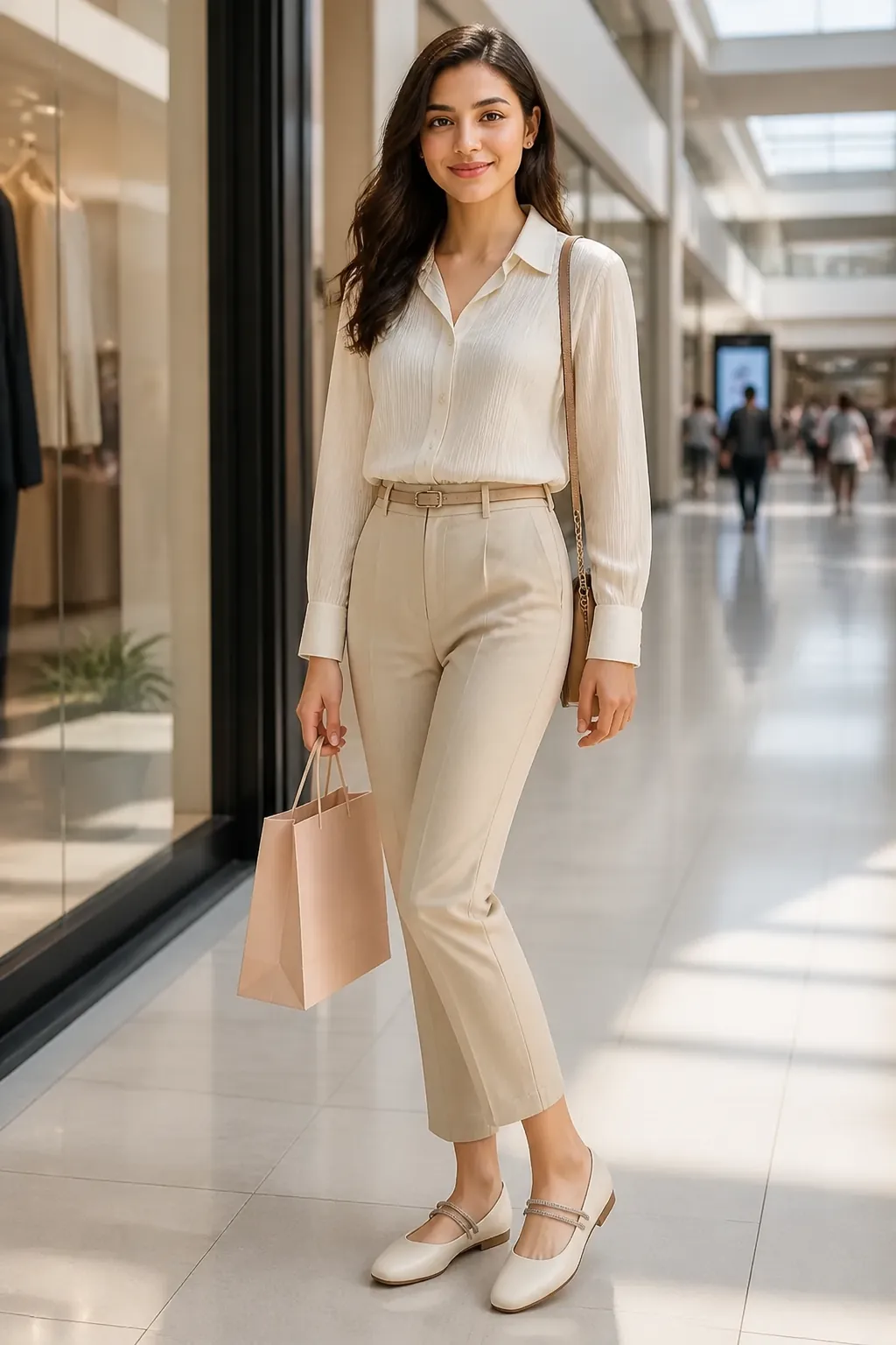 Confident woman in casual elegant outfit wearing black embellished ballerinas while shopping at a modern mall