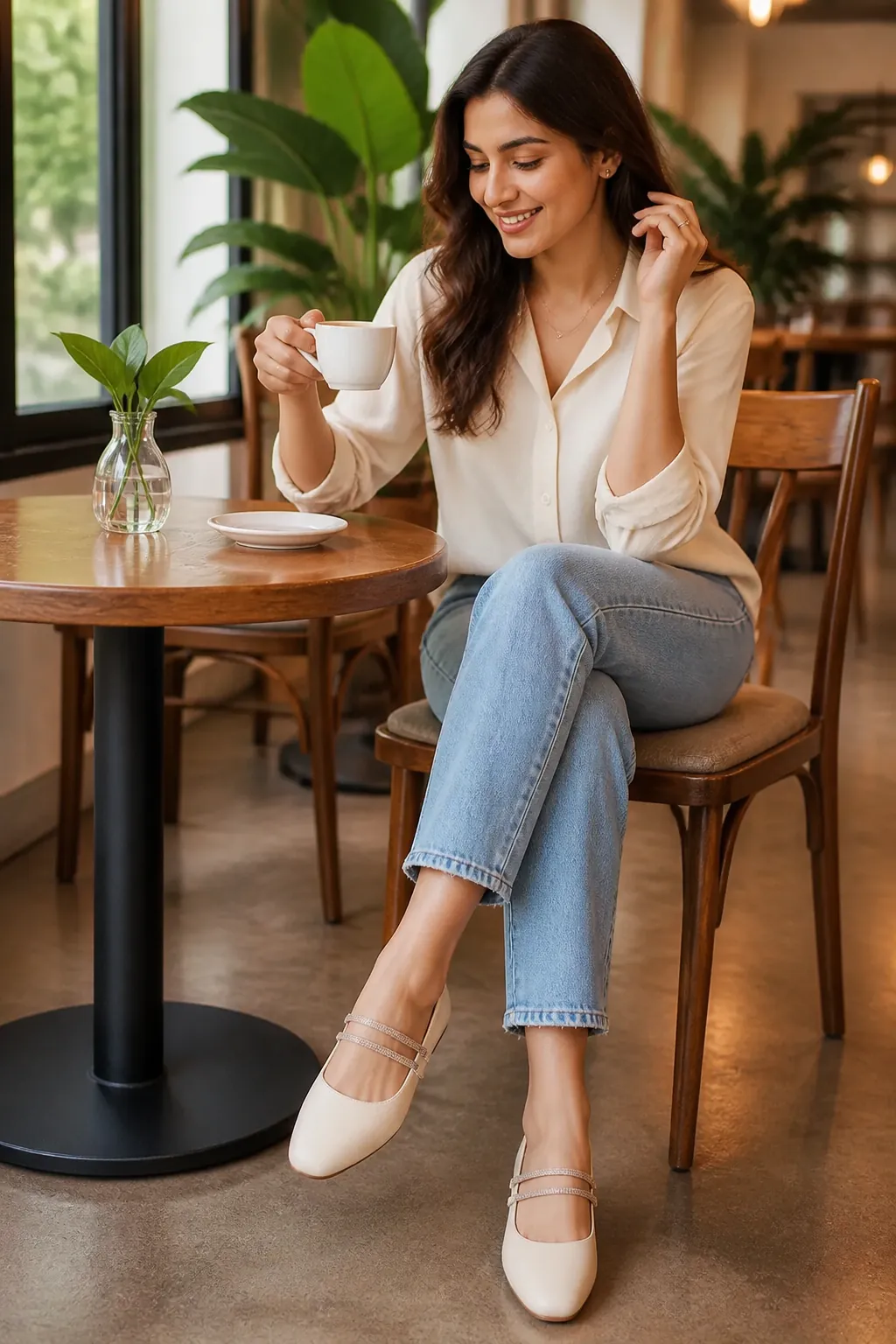 Stylish woman wearing beige GINGER ballerinas enjoying her morning coffee at a cozy caf&eacute; with soft natural lighting