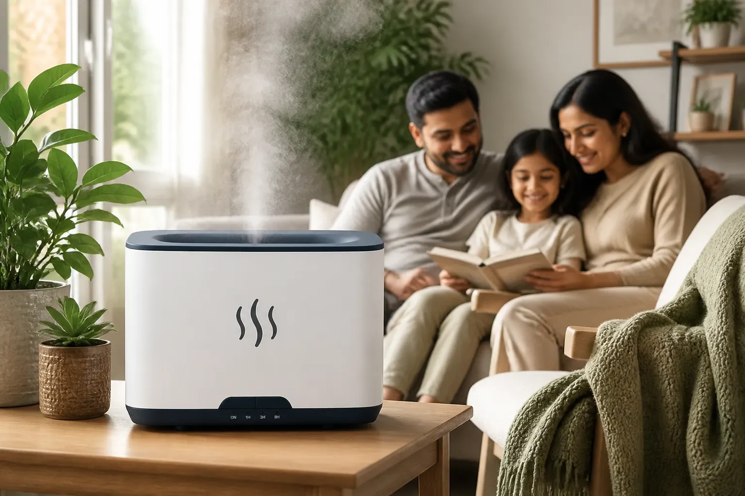 Comfortable serene room filled with gentle cool mist from humidifier creating spa-like peaceful atmosphere with healthy plants and relaxed family