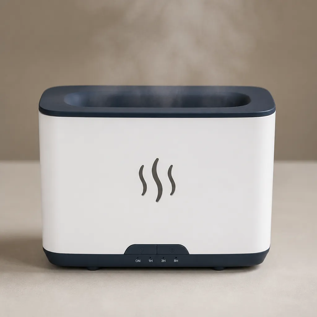 Front view of humidifier showing sleek control panel and mist outlet