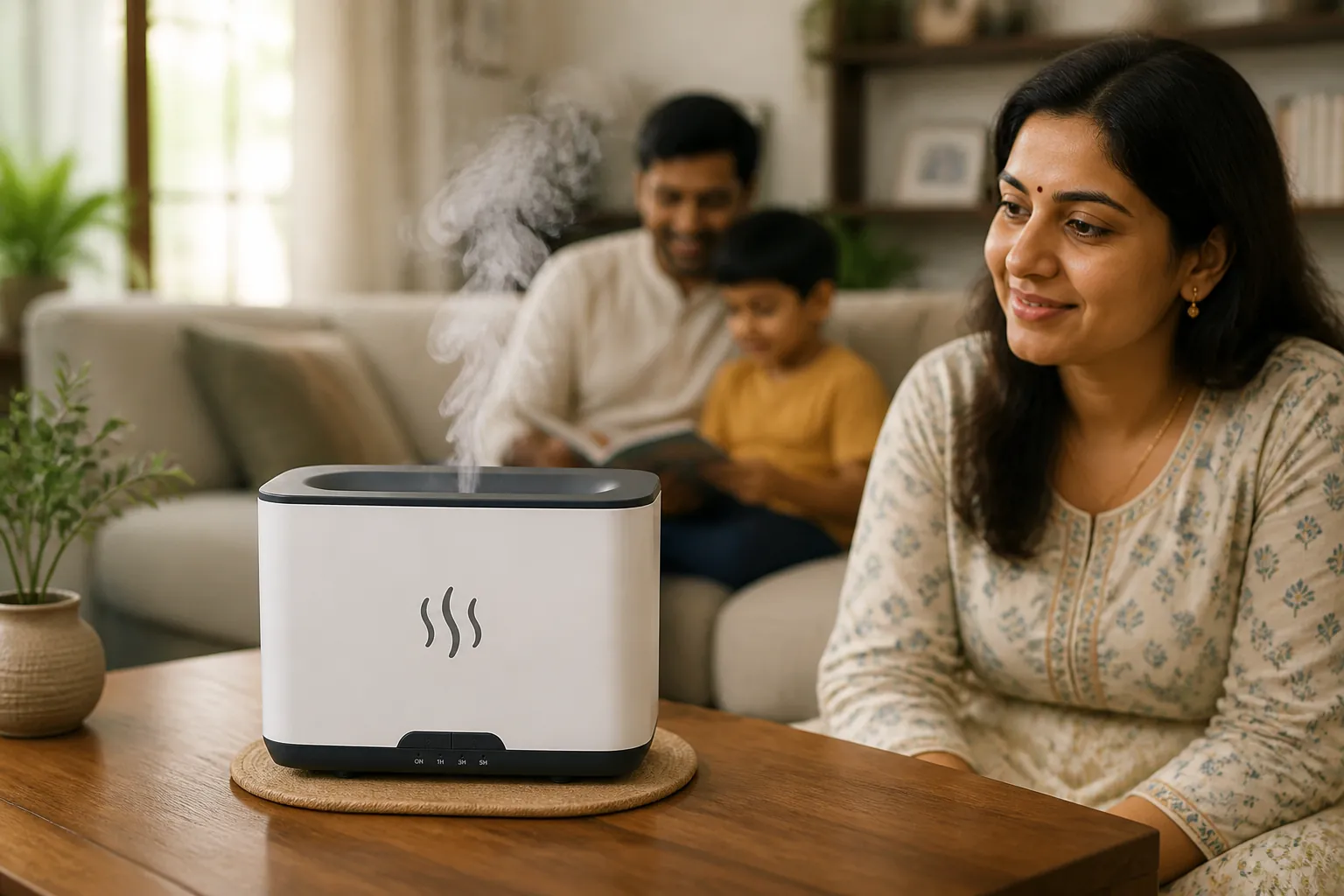 Happy Indian family enjoying comfortable air in their modern living room with the elegant humidifier providing peaceful spa-like atmosphere